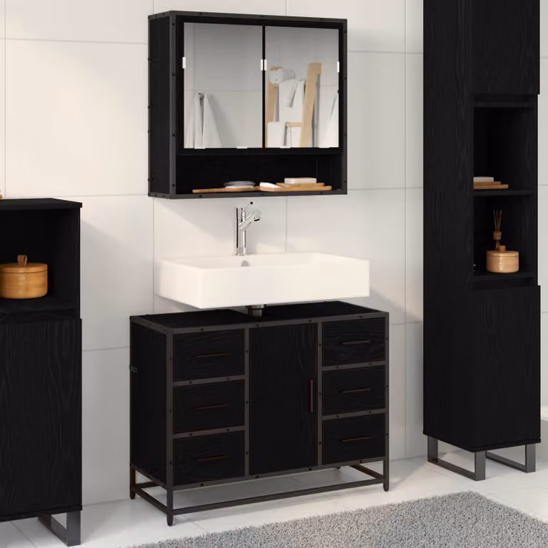 Set di mobili per il bagno vidaXL 2 pezzi moderno nero con mobileto specchio e base lavabo L/P/H: 80 x 33 x 60 cm
