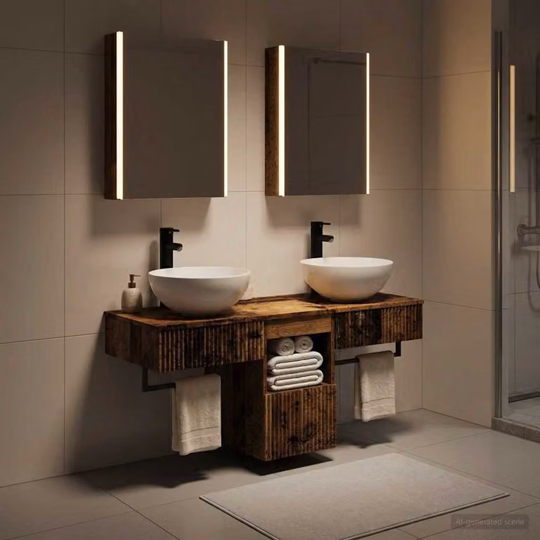 Set di 5 mobili da bagno moderni vidaXL in legno marrone con illuminazione LED e specchio