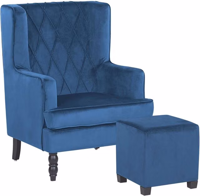 Poltrona con Poggiapiedi BELIANI in Velluto Blu con Gambe in Legno di Gomma Stile Wingback L 103 cm, P 72 cm, H 62 cm