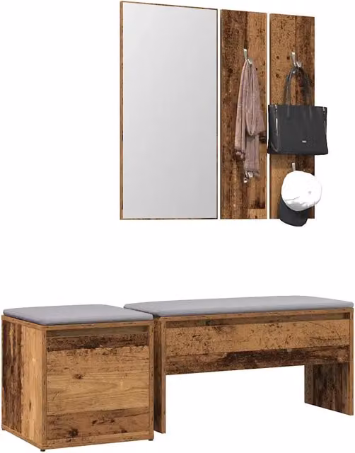 Set di mobili da corridoio rustico vidaXL in legno marrone con panca, specchio, pannello e scarpiera