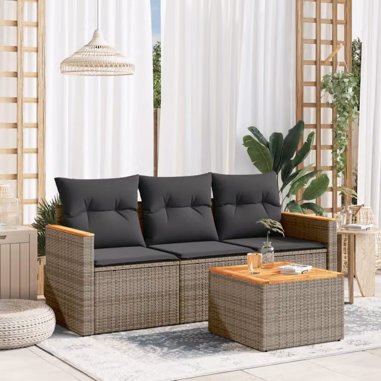 Set di Divani da Giardino vidaXL 4 Pezzi con Cuscini e Tavolino, Polyrattan e Acciaio Grigio