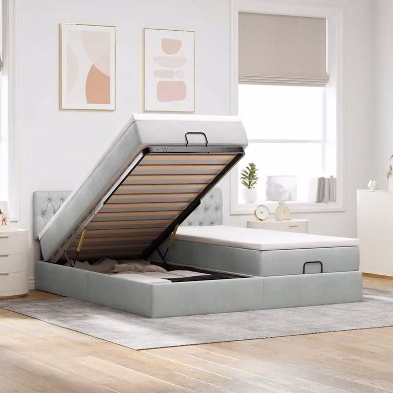 Struttura Letto con Pouf e Materasso vidaXL in Velluto con Base a Sollevamento, Luci Sotto il Letto e Porte USB, L/P/H: 160 x 200 x 78 cm, Grigio e Bianco