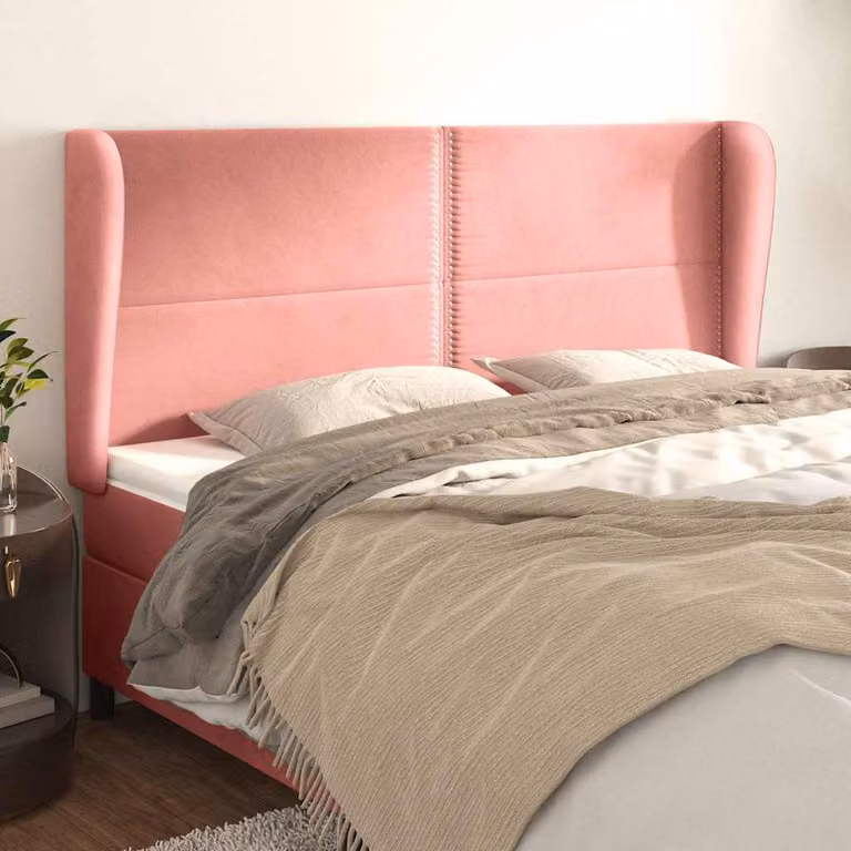 Testiera ad orecchio vidaXL in velluto rosa con struttura in legno e MDF, L: 163 cm, P: 23 cm, H: 118/128 cm