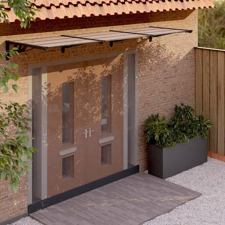 Tettoia per porta vidaXL in policarbonato e alluminio, colore nero, L: 297,5 cm, P: 90 cm