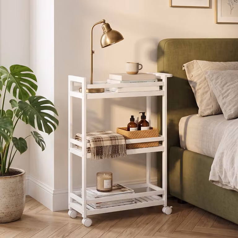 Carrello da servizio HOMCOM a 3 piani in bambù bianco con protezione anticaduta L/P/H: 55 x 20 x 75 cm