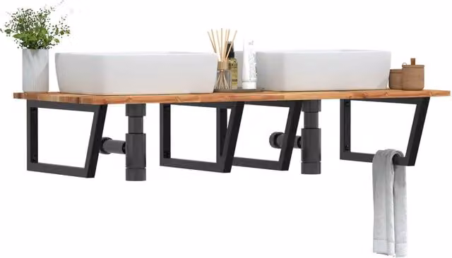 Ripiano a parete per lavabo vidaXL in legno di acacia oliato e metallo nero, L: 120 cm, P: 60 cm, H: 5 cm