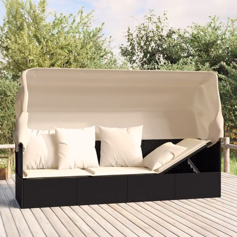 vidaXL Lettino Prendisole da Esterno in Polyrattan con Tetto e Cuscini Nero