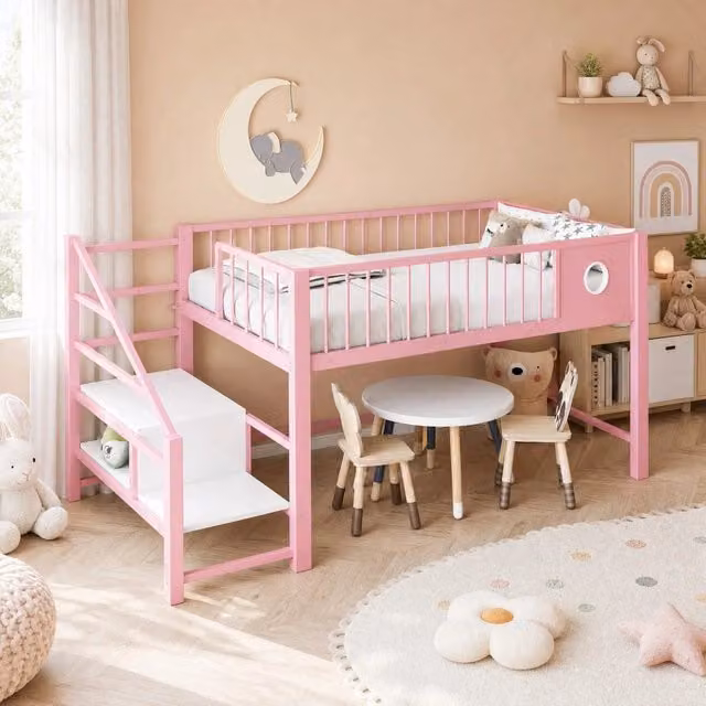 Letto a soppalco basso per bambini Beaok in metallo rosa con scala contenitore L/P: 200 x 90 cm