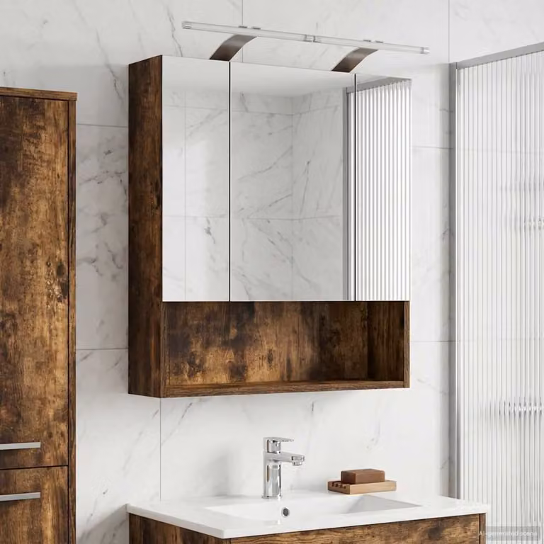 Mobiletto per specchio da bagno moderno vidaXL in legno marrone con illuminazione LED e ante in vetro, L 60 cm x P 14.5 cm x H 70 cm