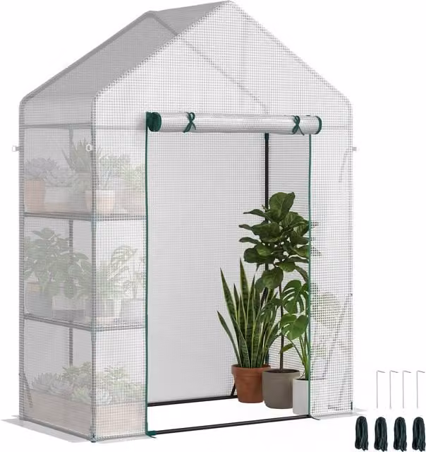 Serra da giardino Outsunny bianca con 2 scaffali e porta avvolgibile, L: 143 cm, P: 73 cm, H: 195 cm