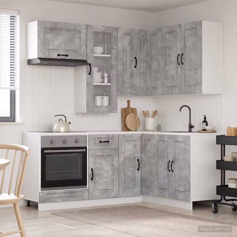 vidaXL Unità Cucina KALMAR 8 Pezzi Moderna Grigio Cemento in Legno MDF con Ante in Vetro