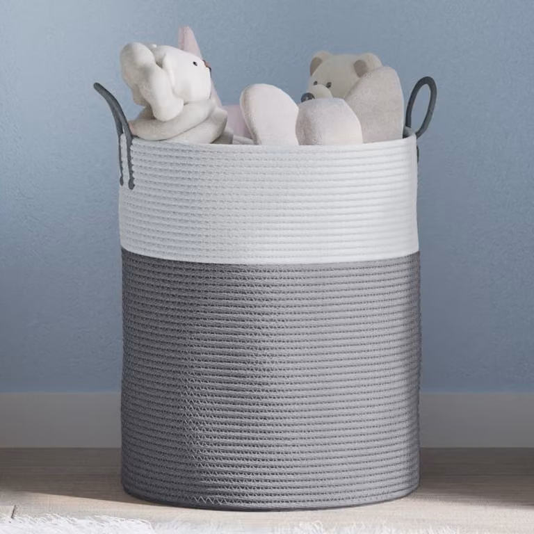 Cestino portaoggetti vidaXL in cotone multicolore grigio e bianco con maniglie e struttura pieghevole Ø38 x 46 cm