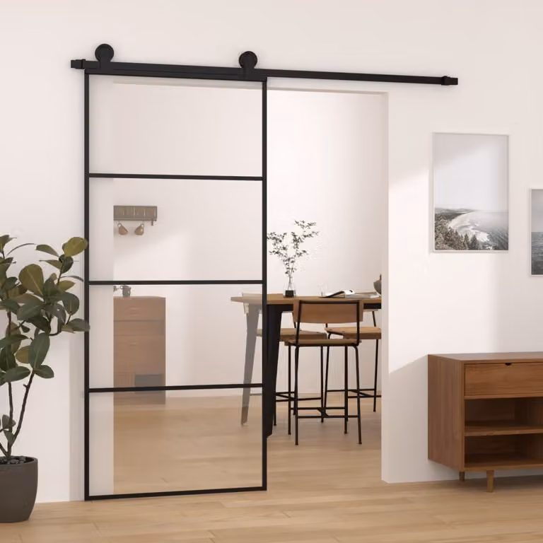 Porta Scorrevole vidaXL in Vetro ESG e Alluminio Nero L: 90 cm, H: 205 cm