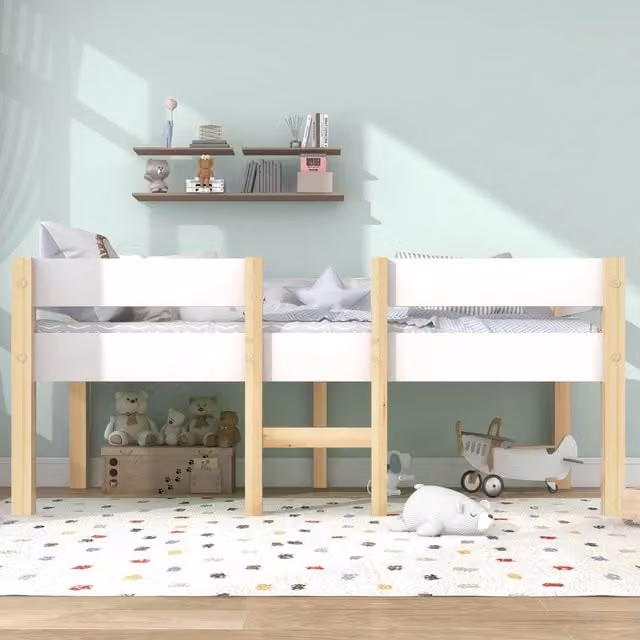 Letto per bambini KOMHTOM in legno massello di pino, stile scandinavo, bianco e rovere, L/P/H: 200 x 90 x 77 cm