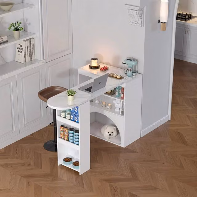 Tavolo allungabile OKWISH con piano rotante e design moderno in MDF bianco effetto marmo, L/P/H: 120 x 60 x 76 cm
