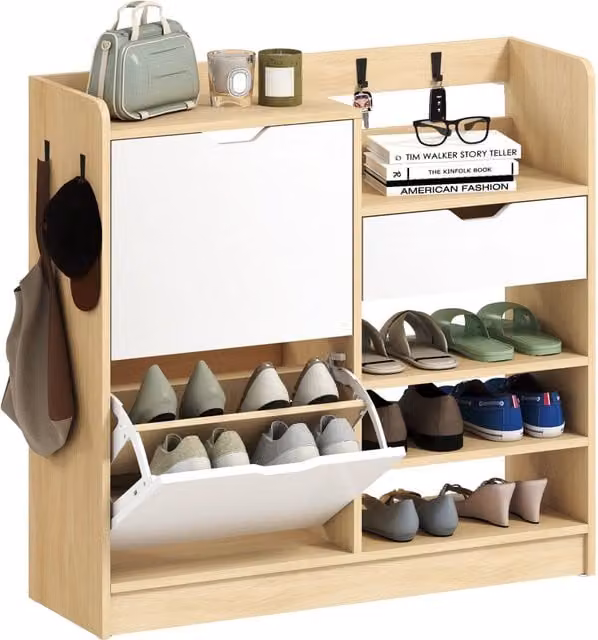 Scarpiera Minimal con cassetto e appendiabiti in legno bianco, L: 80 cm, P: 30 cm, H: 90 cm