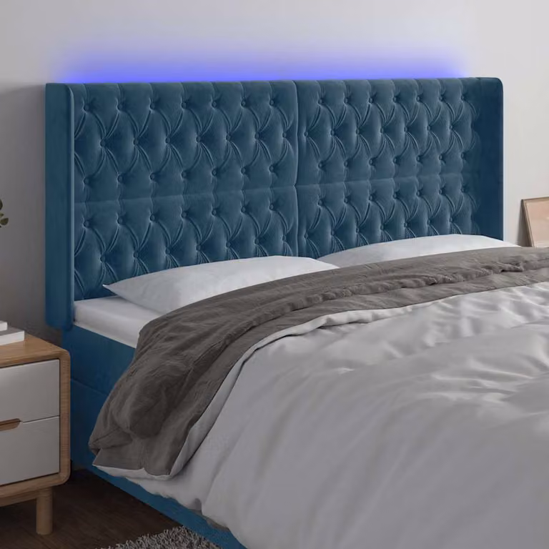 Testiera per letto vidaXL in velluto blu con illuminazione LED e porta USB, L: 203 cm, H: 118 cm, P: 16 cm