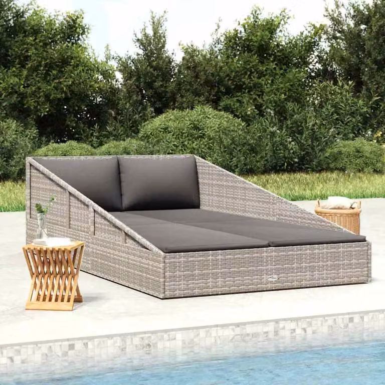 vidaXL Lettino da Giardino in Polyrattan Grigio con Parasole e Cuscino Impermeabile L: 200 cm, P: 110 cm