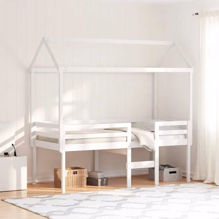 Letto a soppalco singolo vidaXL con tetto a casetta in legno di pino bianco L/P/H: 205.5 x 90 x 159 cm