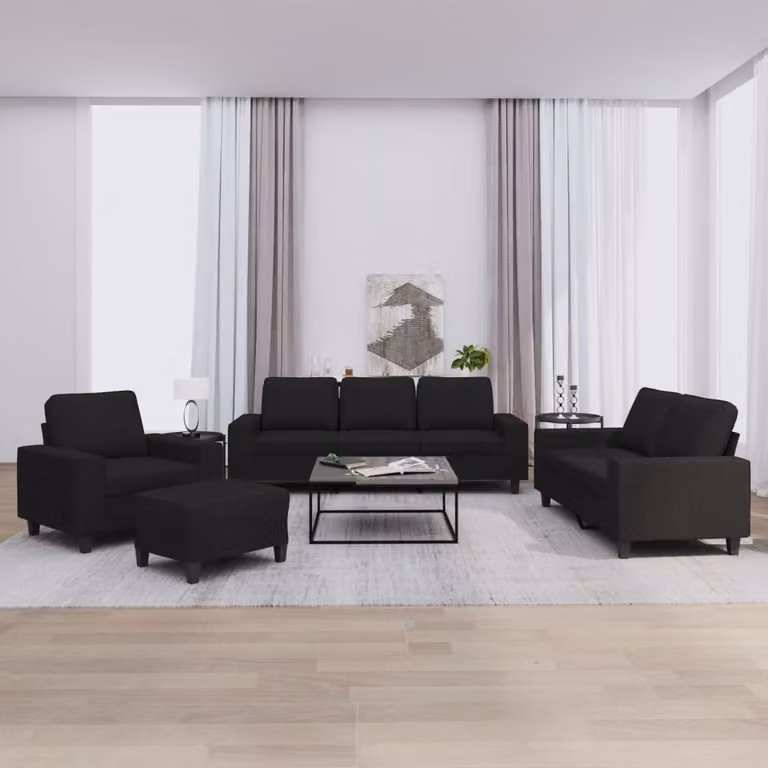 Set di divani vidaXL 4 pezzi in tessuto nero con pouf e cuscini per soggiorno moderno