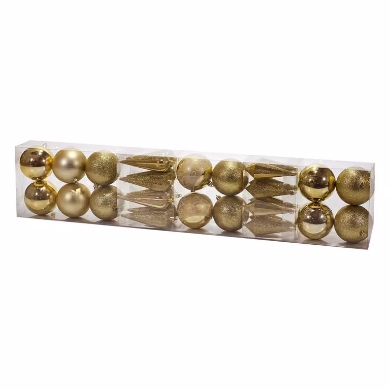 VESTIAMO CASA Set di 30 decorazioni natalizie appese oro con palline e pendenti geometrici in plastica