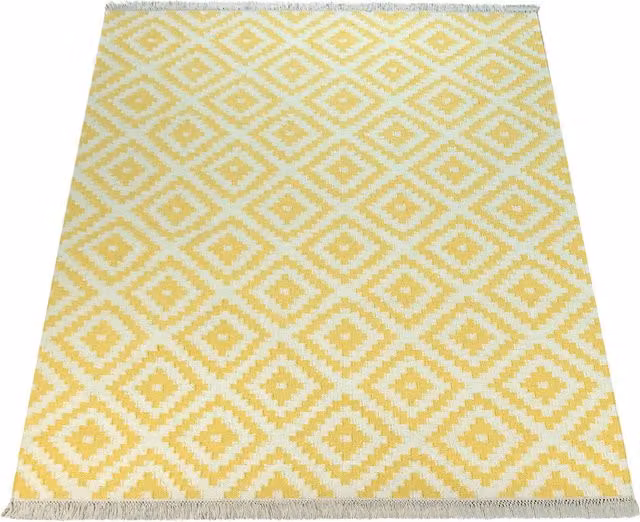 Tappeto Kenolia in lana e cotone giallo e bianco con frange, stile marocchino e scandinavo, L: 120 cm x P: 170 cm