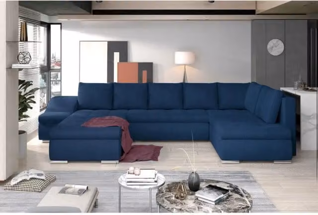 Divano panoramico a U MEUBLORAMA blu con angolo sinistro, funzione letto e poggiatesta regolabile, struttura in metallo e rivestimento in tessuto, L: 351 cm, P: 190 cm, H: 82 cm
