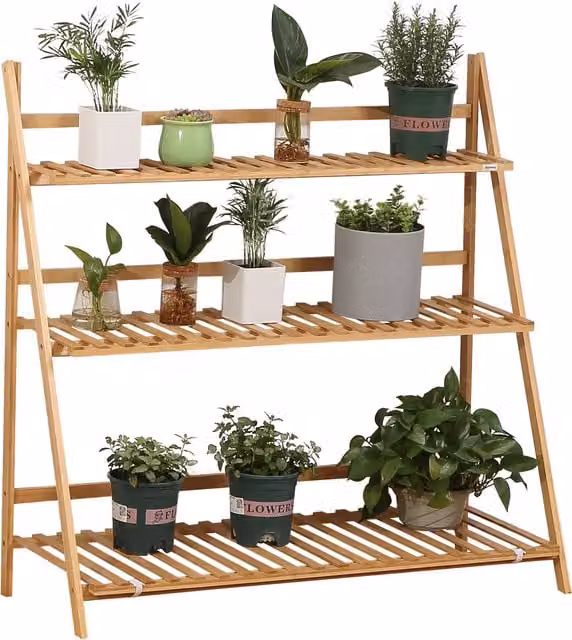 Fioriera da esterno Outsunny a 3 livelli in bambù color legno, design rialzato e pieghevole, L: 98 cm, P: 37 cm, H: 96,5 cm
