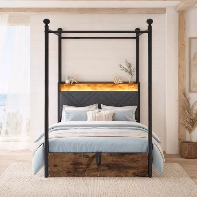 Letto contenitore Mivray con baldacchino removibile, testiera imbottita, illuminazione LED e porta USB Type-C, colore nero, L/P/H: 90 x 190 x 208,6 cm