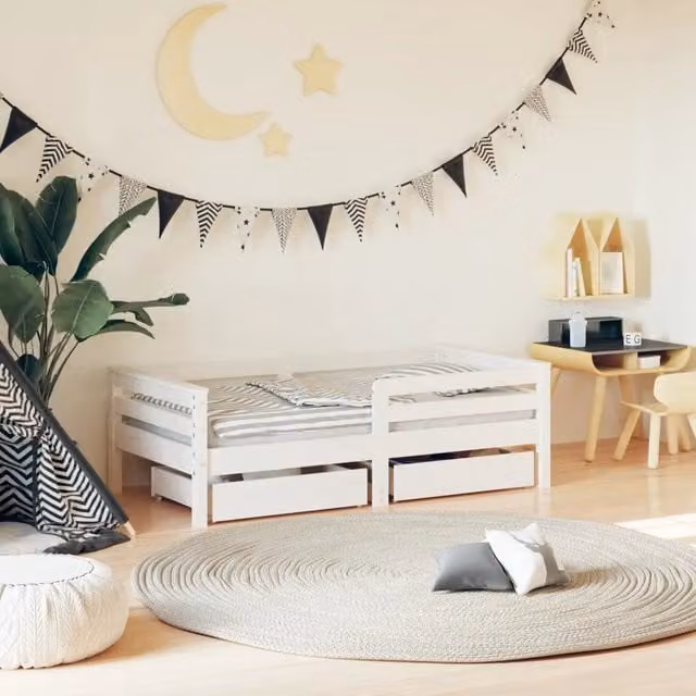 Giroletto per bambini vidaXL in legno massello di pino con cassetti, bianco, L: 140 cm, P: 70 cm, H: 46,5 cm