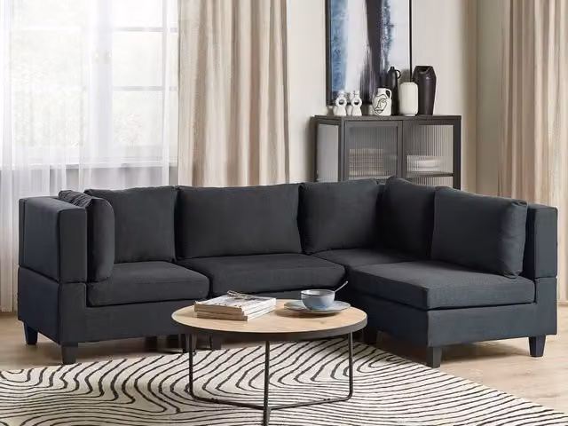 Divano componibile a L BELIANI nero in tessuto con schienale imbottito e struttura in legno, lato sinistro, stile moderno, L 228 cm x P 152 cm x H 73 cm