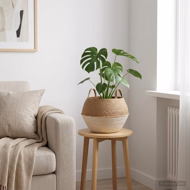 Vaso da fiori con manici vidaXL in rattan e tessuto, Bianco e Beige, Ø 45 cm x H 36 cm