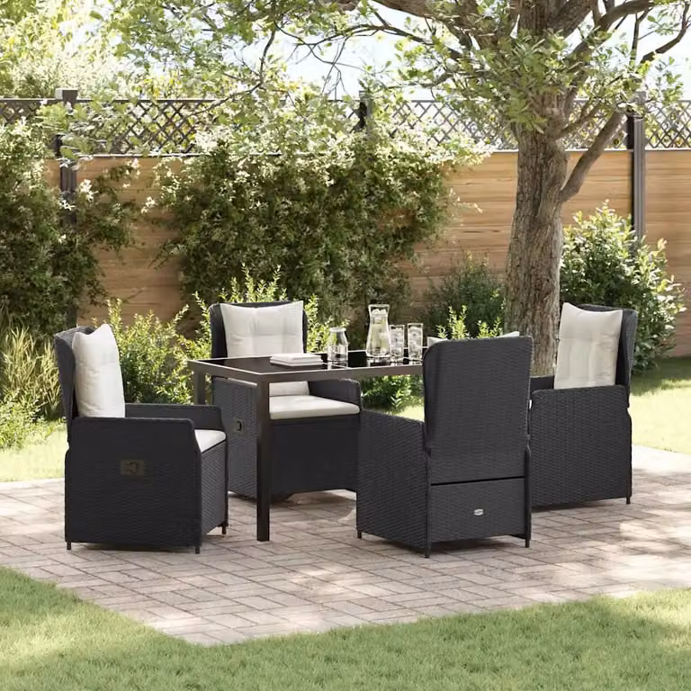 Set da pranzo per giardino e terrazzo vidaXL in polyrattan nero con tavolo in vetro e 5 pezzi