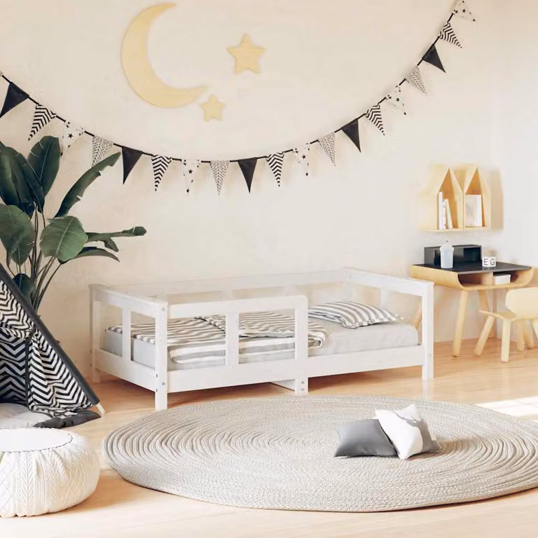 vidaXL Giroletto per Bambini in Legno Massello di Pino Bianco con Parapetto Abbassabile 70 x 140 cm