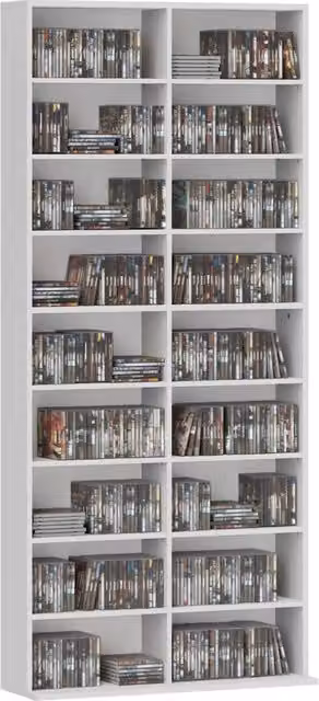 Libreria per DVD e CD XYLO bianca con 18 scomparti e ripiani regolabili, Altezza: 175 cm