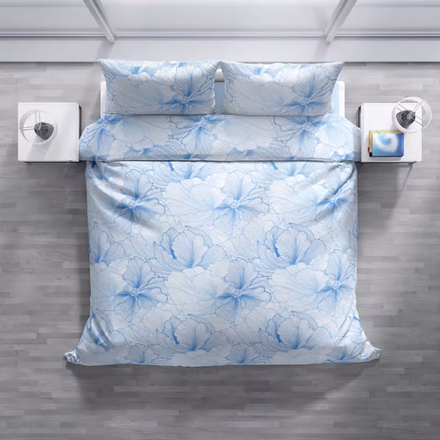 Completo copripiumino e federe DaunenStep Joy con fantasia floreale blu in cotone mako satin per adulti L: 250 cm x P: 200 cm