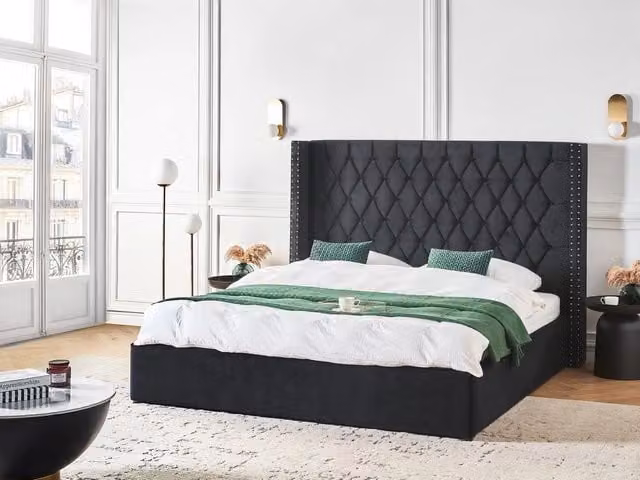 Letto contenitore Beliani in velluto nero e argento stile glamour L/P/H: 180 x 200 x 75 cm