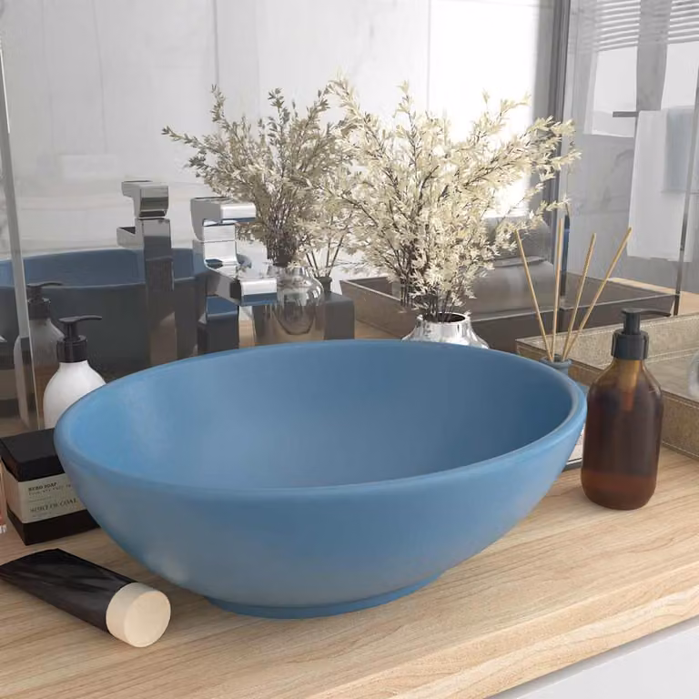 Lavandino da appoggio ovale in ceramica vidaXL azzurro opaco L 40 cm x P 33 cm x H 13,5 cm