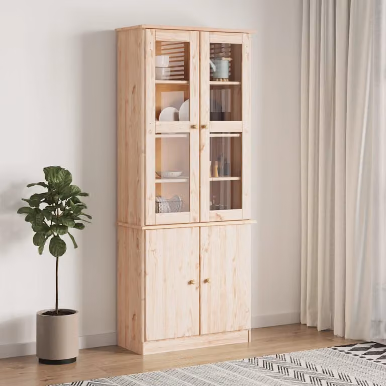 Vetrina vidaXL in legno massello di pino rustico con ante in vetro, colore marrone/beige, L/P/H: 77 x 35 x 186,5 cm