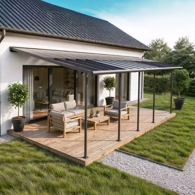 Pergola addossata Palram Canopia Sierra Cabrio in alluminio e policarbonato, colore grigio, L: 970 cm, P: 300 cm