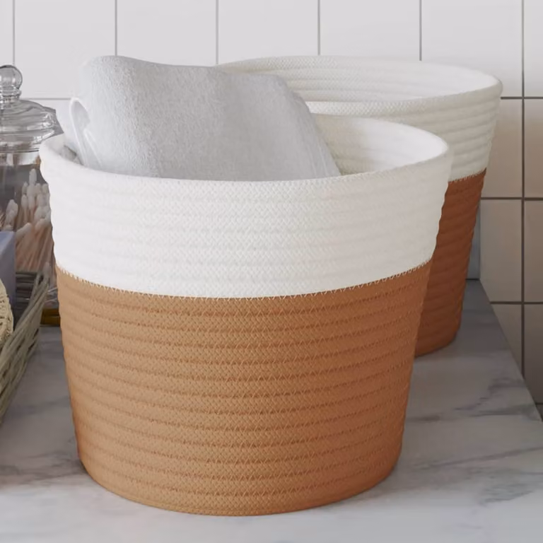 Set di 2 cestini portaoggetti vidaXL in cotone con maniglie, marrone e bianco, Ø 24 x H 18 cm
