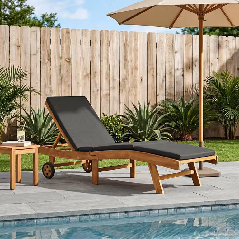 vidaXL Lettino da sole in legno di teak con tessuto in poliestere resistente ai raggi UV, marrone e grigio scuro, con poggiatesta regolabile e ruote