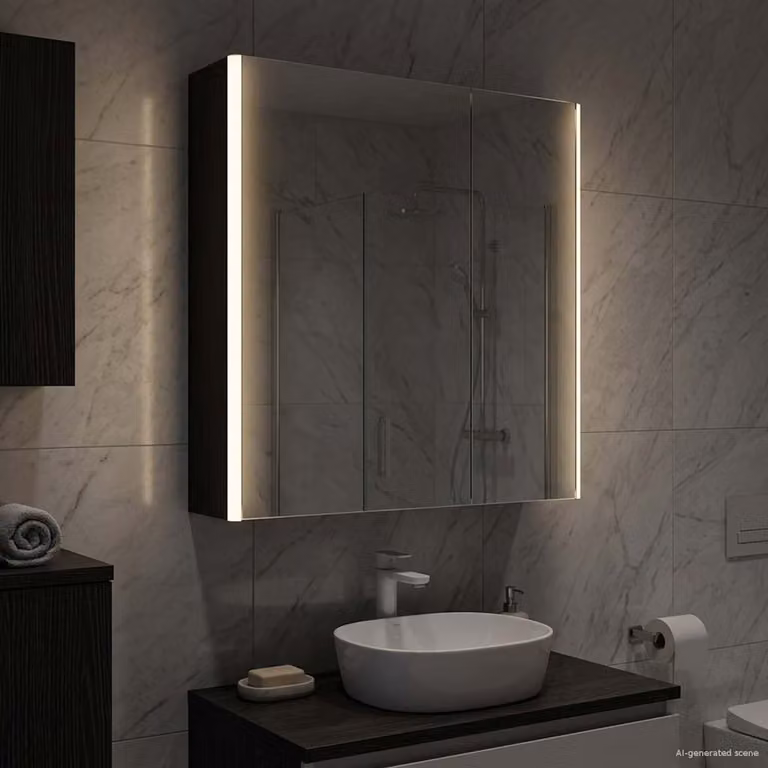 Mobiletto per specchio da bagno vidaXL moderno con illuminazione LED e ante in vetro, Nero opaco, L: 63,5 cm, P: 15,5 cm, H: 70 cm