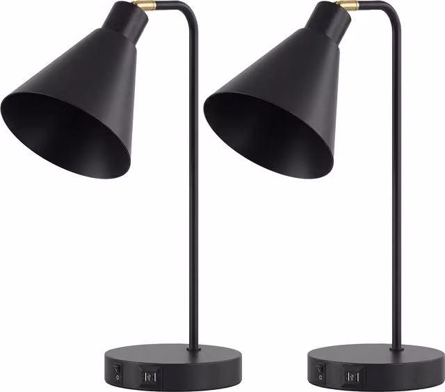 Set di 2 Lampade da Tavolo Moderne HOMCOM in Acciaio con Porte USB, Attacco E27, Colore Nero