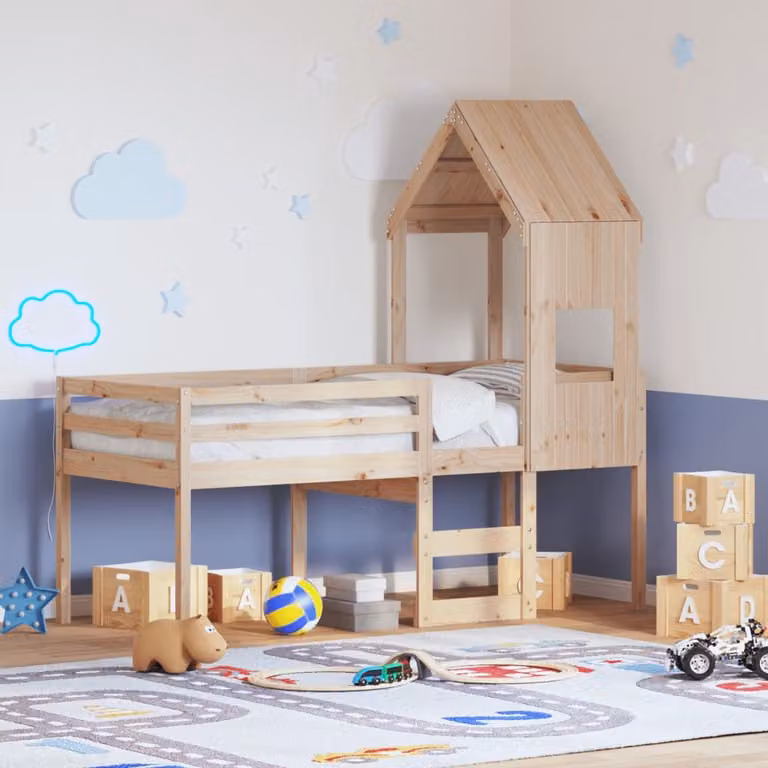 vidaXL Letto a Soppalco con Tetto in Legno Massello di Pino Marrone L/P/H: 190 x 90 x 195,5 cm
