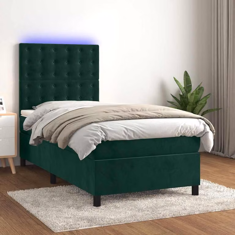 Letto a Molle con Materasso e LED vidaXL in Velluto Verde Scuro, L/P/H: 90 x 190 x 128 cm