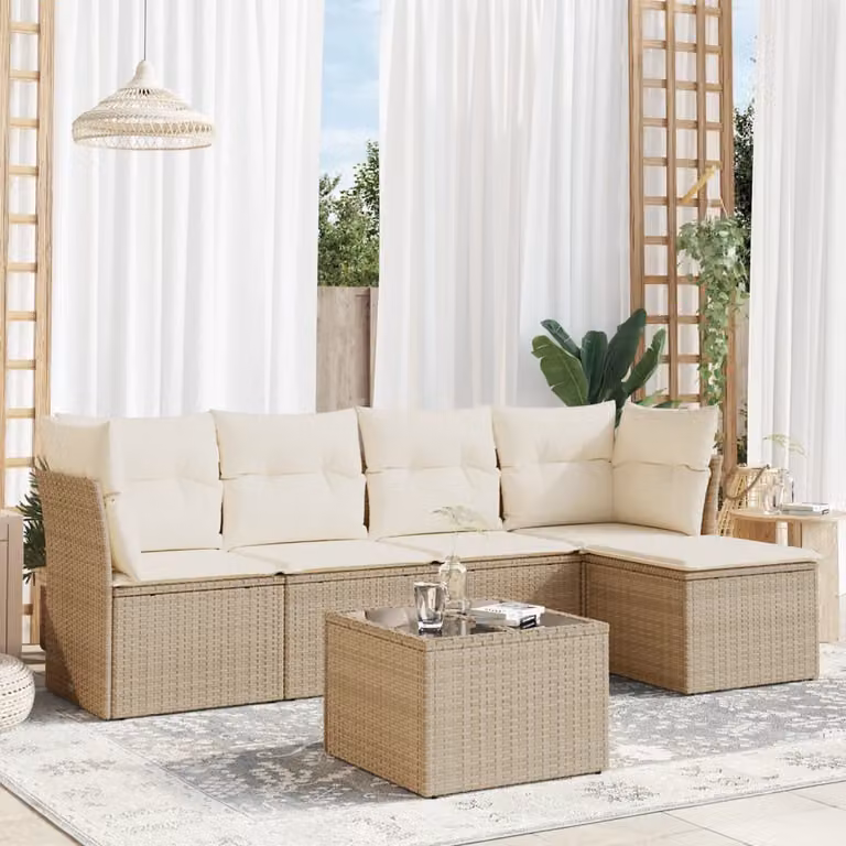 vidaXL Set Divano da Giardino a L 6 pz con Cuscini Beige e Tavolino in Metallo e Vetro