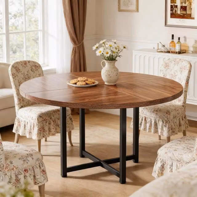 Tavolo da pranzo rotondo WISHDOR in stile industriale con struttura in metallo nero e piano in legno marrone, Diametro: 120 cm