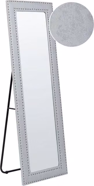Specchio da pavimento Beliani in ecopelle grigio con cornice decorativa e supporto glamour, L: 50 cm, H: 150 cm