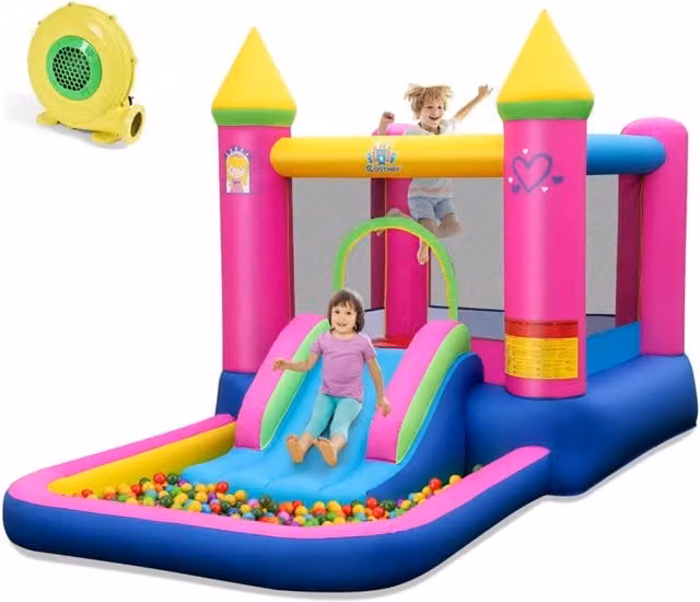 Castello gonfiabile 4-in-1 a tema principessa con scivolo, casa da salto e piscina per palline per bambini, multicolore, L: 363 cm x P: 205 cm x H: 202 cm